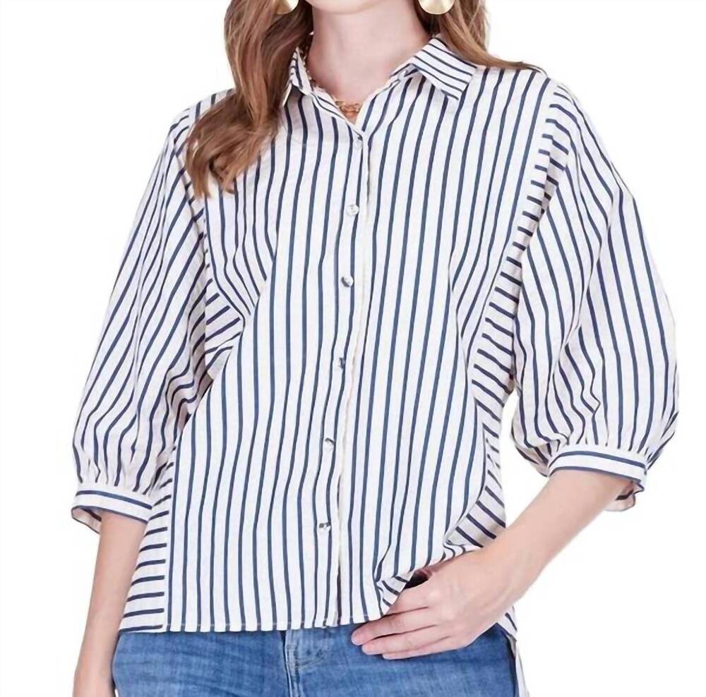 NEW JOY JOY relaxed batwing blouse in blue and ivory vertical stripe